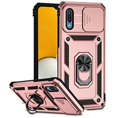 Silikon Hülle Handyhülle und Kunststoff Schutzhülle Hartschalen Tasche mit Magnetisch Fingerring Ständer MQ6 für Samsung Galaxy A02 Rosegold