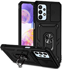 Silikon Hülle Handyhülle und Kunststoff Schutzhülle Hartschalen Tasche mit Magnetisch Fingerring Ständer MQ6 für Samsung Galaxy A23 4G Schwarz