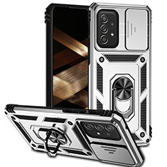 Silikon Hülle Handyhülle und Kunststoff Schutzhülle Hartschalen Tasche mit Magnetisch Fingerring Ständer MQ6 für Samsung Galaxy A73 5G Silber