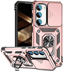 Silikon Hülle Handyhülle und Kunststoff Schutzhülle Hartschalen Tasche mit Magnetisch Fingerring Ständer MQ6 für Samsung Galaxy S24 5G Rosegold