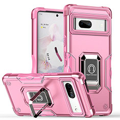 Silikon Hülle Handyhülle und Kunststoff Schutzhülle Hartschalen Tasche mit Magnetisch Fingerring Ständer QW1 für Google Pixel 7 5G Rosa