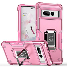 Silikon Hülle Handyhülle und Kunststoff Schutzhülle Hartschalen Tasche mit Magnetisch Fingerring Ständer QW1 für Google Pixel 7 Pro 5G Rosa