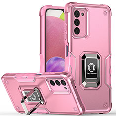 Silikon Hülle Handyhülle und Kunststoff Schutzhülle Hartschalen Tasche mit Magnetisch Fingerring Ständer QW1 für Samsung Galaxy A02s Rosegold