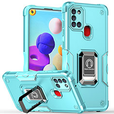 Silikon Hülle Handyhülle und Kunststoff Schutzhülle Hartschalen Tasche mit Magnetisch Fingerring Ständer QW1 für Samsung Galaxy A21s Hellblau