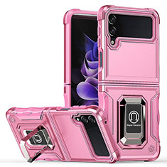 Silikon Hülle Handyhülle und Kunststoff Schutzhülle Hartschalen Tasche mit Magnetisch Fingerring Ständer QW1 für Samsung Galaxy Z Flip4 5G Rosa