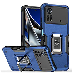 Silikon Hülle Handyhülle und Kunststoff Schutzhülle Hartschalen Tasche mit Magnetisch Fingerring Ständer QW1 für Xiaomi Poco X4 Pro 5G Blau