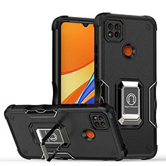 Silikon Hülle Handyhülle und Kunststoff Schutzhülle Hartschalen Tasche mit Magnetisch Fingerring Ständer QW1 für Xiaomi Redmi 10A 4G Schwarz