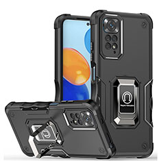 Silikon Hülle Handyhülle und Kunststoff Schutzhülle Hartschalen Tasche mit Magnetisch Fingerring Ständer QW1 für Xiaomi Redmi Note 11 Pro 4G Schwarz