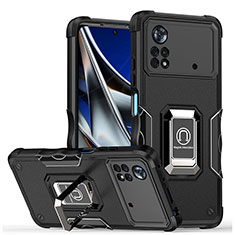 Silikon Hülle Handyhülle und Kunststoff Schutzhülle Hartschalen Tasche mit Magnetisch Fingerring Ständer QW1 für Xiaomi Redmi Note 11E Pro 5G Schwarz