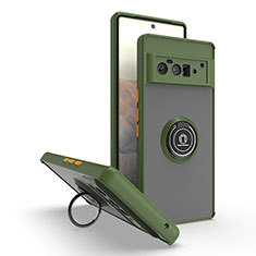 Silikon Hülle Handyhülle und Kunststoff Schutzhülle Hartschalen Tasche mit Magnetisch Fingerring Ständer QW2 für Google Pixel 6 Pro 5G Armee-Grün