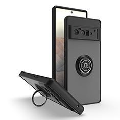 Silikon Hülle Handyhülle und Kunststoff Schutzhülle Hartschalen Tasche mit Magnetisch Fingerring Ständer QW2 für Google Pixel 6 Pro 5G Schwarz