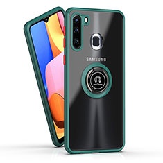 Silikon Hülle Handyhülle und Kunststoff Schutzhülle Hartschalen Tasche mit Magnetisch Fingerring Ständer QW2 für Samsung Galaxy A21 European Nachtgrün