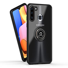 Silikon Hülle Handyhülle und Kunststoff Schutzhülle Hartschalen Tasche mit Magnetisch Fingerring Ständer QW2 für Samsung Galaxy A21 European Schwarz