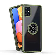 Silikon Hülle Handyhülle und Kunststoff Schutzhülle Hartschalen Tasche mit Magnetisch Fingerring Ständer QW2 für Samsung Galaxy A71 5G Armee-Grün