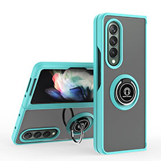 Silikon Hülle Handyhülle und Kunststoff Schutzhülle Hartschalen Tasche mit Magnetisch Fingerring Ständer QW2 für Samsung Galaxy Z Fold4 5G Cyan