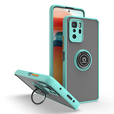 Silikon Hülle Handyhülle und Kunststoff Schutzhülle Hartschalen Tasche mit Magnetisch Fingerring Ständer QW2 für Xiaomi Redmi Note 10 Pro 5G Cyan