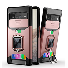 Silikon Hülle Handyhülle und Kunststoff Schutzhülle Hartschalen Tasche mit Magnetisch Fingerring Ständer QW3 für Google Pixel 6 Pro 5G Rosegold
