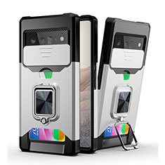 Silikon Hülle Handyhülle und Kunststoff Schutzhülle Hartschalen Tasche mit Magnetisch Fingerring Ständer QW3 für Google Pixel 6 Pro 5G Silber