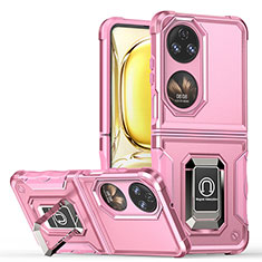 Silikon Hülle Handyhülle und Kunststoff Schutzhülle Hartschalen Tasche mit Magnetisch Fingerring Ständer QW3 für Huawei P60 Pocket Pink