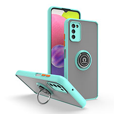 Silikon Hülle Handyhülle und Kunststoff Schutzhülle Hartschalen Tasche mit Magnetisch Fingerring Ständer QW3 für Samsung Galaxy A03s Cyan