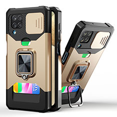 Silikon Hülle Handyhülle und Kunststoff Schutzhülle Hartschalen Tasche mit Magnetisch Fingerring Ständer QW3 für Samsung Galaxy A12 Gold