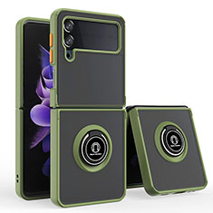 Silikon Hülle Handyhülle und Kunststoff Schutzhülle Hartschalen Tasche mit Magnetisch Fingerring Ständer QW3 für Samsung Galaxy Z Flip4 5G Armee-Grün