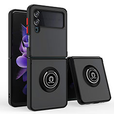 Silikon Hülle Handyhülle und Kunststoff Schutzhülle Hartschalen Tasche mit Magnetisch Fingerring Ständer QW3 für Samsung Galaxy Z Flip4 5G Rot und Schwarz
