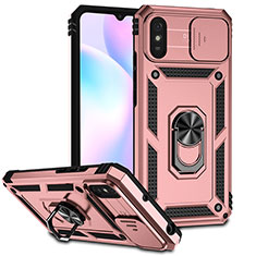 Silikon Hülle Handyhülle und Kunststoff Schutzhülle Hartschalen Tasche mit Magnetisch Fingerring Ständer QW3 für Xiaomi Redmi 9A Rosegold