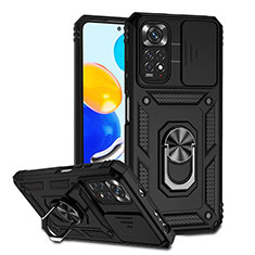 Silikon Hülle Handyhülle und Kunststoff Schutzhülle Hartschalen Tasche mit Magnetisch Fingerring Ständer QW3 für Xiaomi Redmi Note 11 4G (2022) Schwarz