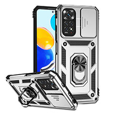 Silikon Hülle Handyhülle und Kunststoff Schutzhülle Hartschalen Tasche mit Magnetisch Fingerring Ständer QW3 für Xiaomi Redmi Note 11S 4G Silber