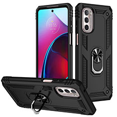 Silikon Hülle Handyhülle und Kunststoff Schutzhülle Hartschalen Tasche mit Magnetisch Fingerring Ständer S01 für Motorola Moto G Stylus (2022) 4G Schwarz