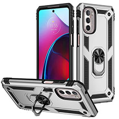 Silikon Hülle Handyhülle und Kunststoff Schutzhülle Hartschalen Tasche mit Magnetisch Fingerring Ständer S01 für Motorola Moto G Stylus (2022) 5G Silber