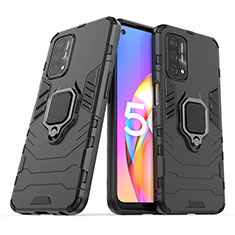 Silikon Hülle Handyhülle und Kunststoff Schutzhülle Hartschalen Tasche mit Magnetisch Fingerring Ständer S01 für Oppo A54 5G Schwarz