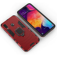 Silikon Hülle Handyhülle und Kunststoff Schutzhülle Hartschalen Tasche mit Magnetisch Fingerring Ständer S01 für Samsung Galaxy A20 Rot