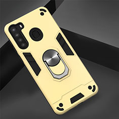 Silikon Hülle Handyhülle und Kunststoff Schutzhülle Hartschalen Tasche mit Magnetisch Fingerring Ständer S01 für Samsung Galaxy A21 Gold