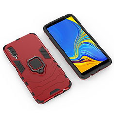Silikon Hülle Handyhülle und Kunststoff Schutzhülle Hartschalen Tasche mit Magnetisch Fingerring Ständer S01 für Samsung Galaxy A7 (2018) A750 Rot