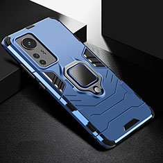 Silikon Hülle Handyhülle und Kunststoff Schutzhülle Hartschalen Tasche mit Magnetisch Fingerring Ständer S01 für Xiaomi Mi 12 5G Blau