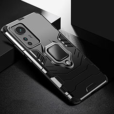 Silikon Hülle Handyhülle und Kunststoff Schutzhülle Hartschalen Tasche mit Magnetisch Fingerring Ständer S01 für Xiaomi Mi 12S Pro 5G Schwarz
