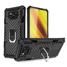 Silikon Hülle Handyhülle und Kunststoff Schutzhülle Hartschalen Tasche mit Magnetisch Fingerring Ständer S01 für Xiaomi Poco X3 Pro Schwarz