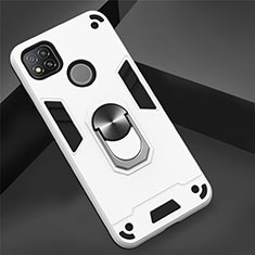 Silikon Hülle Handyhülle und Kunststoff Schutzhülle Hartschalen Tasche mit Magnetisch Fingerring Ständer S01 für Xiaomi Redmi 9C Weiß