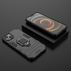 Silikon Hülle Handyhülle und Kunststoff Schutzhülle Hartschalen Tasche mit Magnetisch Fingerring Ständer S02 für Apple iPhone 14 Plus Schwarz