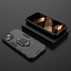 Silikon Hülle Handyhülle und Kunststoff Schutzhülle Hartschalen Tasche mit Magnetisch Fingerring Ständer S02 für Apple iPhone 15 Schwarz