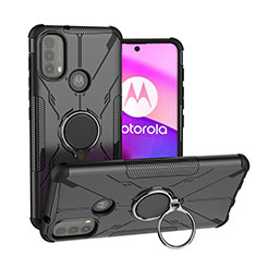 Silikon Hülle Handyhülle und Kunststoff Schutzhülle Hartschalen Tasche mit Magnetisch Fingerring Ständer S02 für Motorola Moto E30 Schwarz