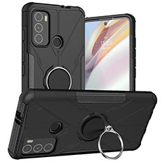 Silikon Hülle Handyhülle und Kunststoff Schutzhülle Hartschalen Tasche mit Magnetisch Fingerring Ständer S02 für Motorola Moto G60 Schwarz