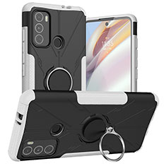 Silikon Hülle Handyhülle und Kunststoff Schutzhülle Hartschalen Tasche mit Magnetisch Fingerring Ständer S02 für Motorola Moto G60 Weiß