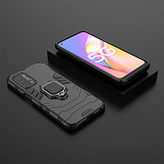 Silikon Hülle Handyhülle und Kunststoff Schutzhülle Hartschalen Tasche mit Magnetisch Fingerring Ständer S02 für Oppo A54 5G Schwarz