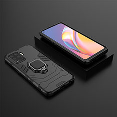 Silikon Hülle Handyhülle und Kunststoff Schutzhülle Hartschalen Tasche mit Magnetisch Fingerring Ständer S02 für Oppo Reno5 Lite Schwarz