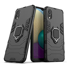 Silikon Hülle Handyhülle und Kunststoff Schutzhülle Hartschalen Tasche mit Magnetisch Fingerring Ständer S02 für Samsung Galaxy A03 Core Schwarz