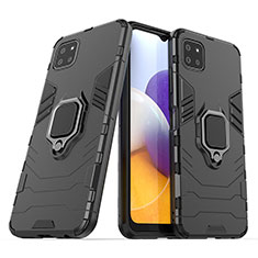 Silikon Hülle Handyhülle und Kunststoff Schutzhülle Hartschalen Tasche mit Magnetisch Fingerring Ständer S02 für Samsung Galaxy A22 5G Schwarz