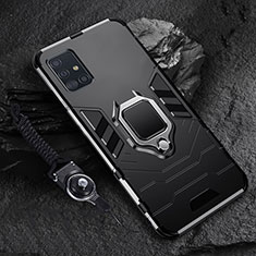 Silikon Hülle Handyhülle und Kunststoff Schutzhülle Hartschalen Tasche mit Magnetisch Fingerring Ständer S02 für Samsung Galaxy A51 5G Schwarz